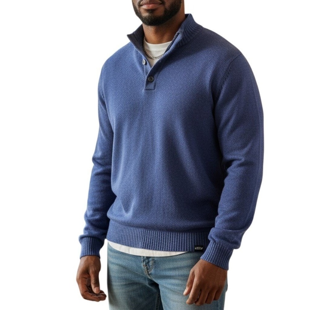 IZOD Men's XXL Blue Quarter Snap Mock Neck Sweater Cotton Blend Textured Knit